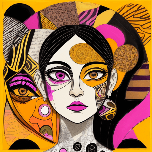 AI generated: A mixed media collage featuring an abstract female figure with expressive eyes, adorned in vibrant p...