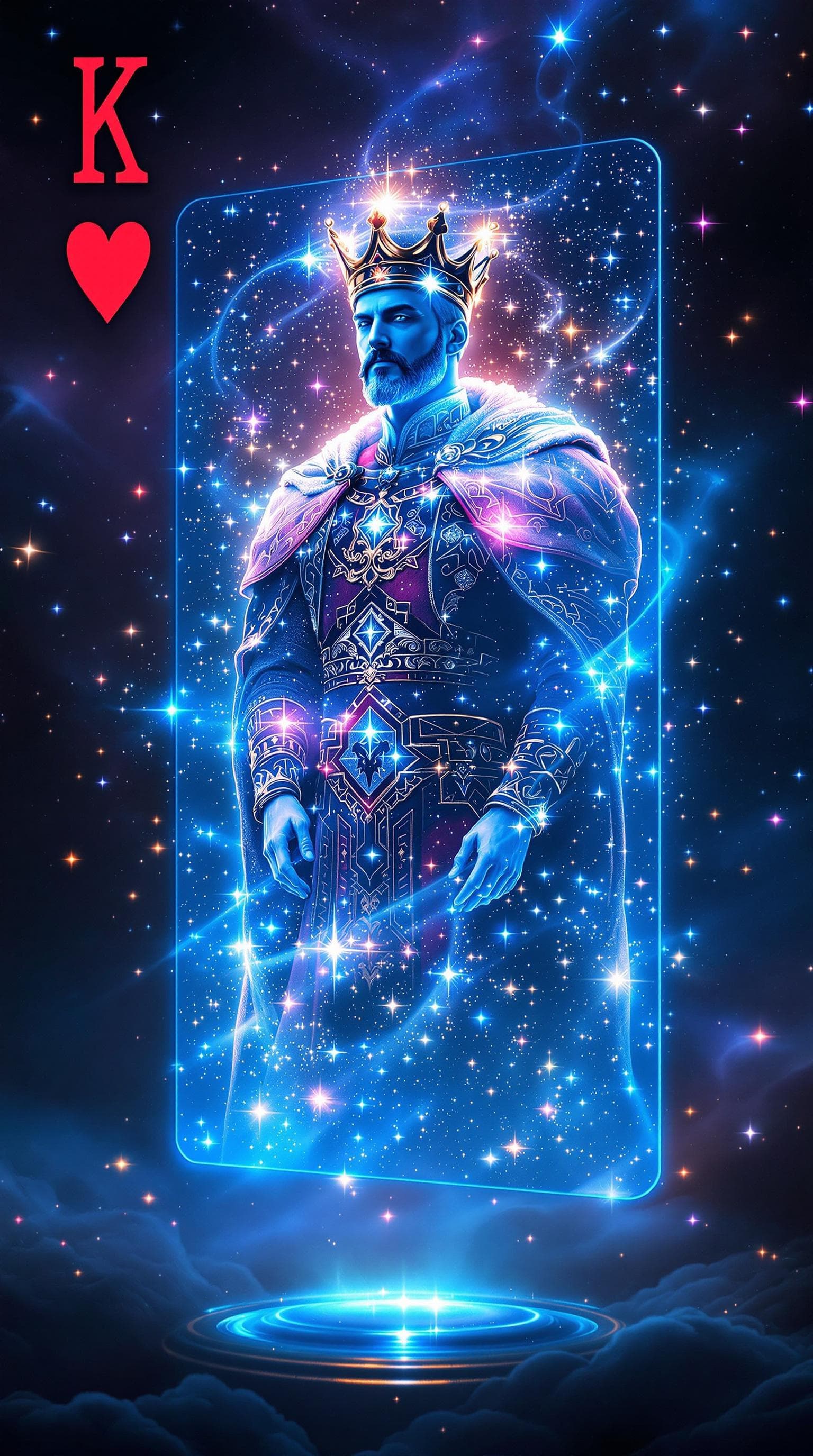 AI generated: The King of Hearts card transforms into a 3D hologram that appears to be made of cosmic energy. As t...