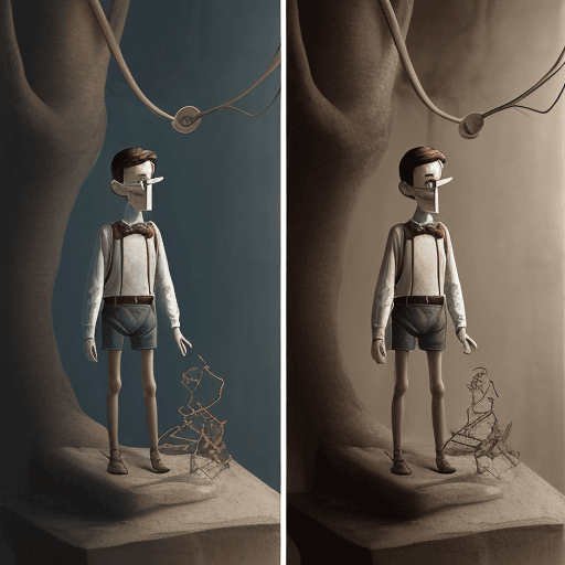 AI generated: Insert a human version of Pinocchio into the image, preserving the same properties of the original i...