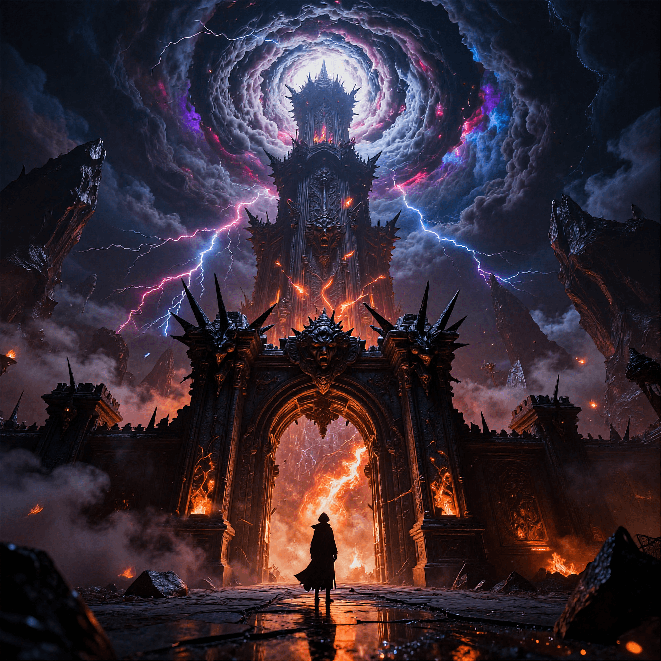 AI generated: A colossal, ancient tower rises endlessly into the storm-wracked sky, its blackened stone walls jagg...