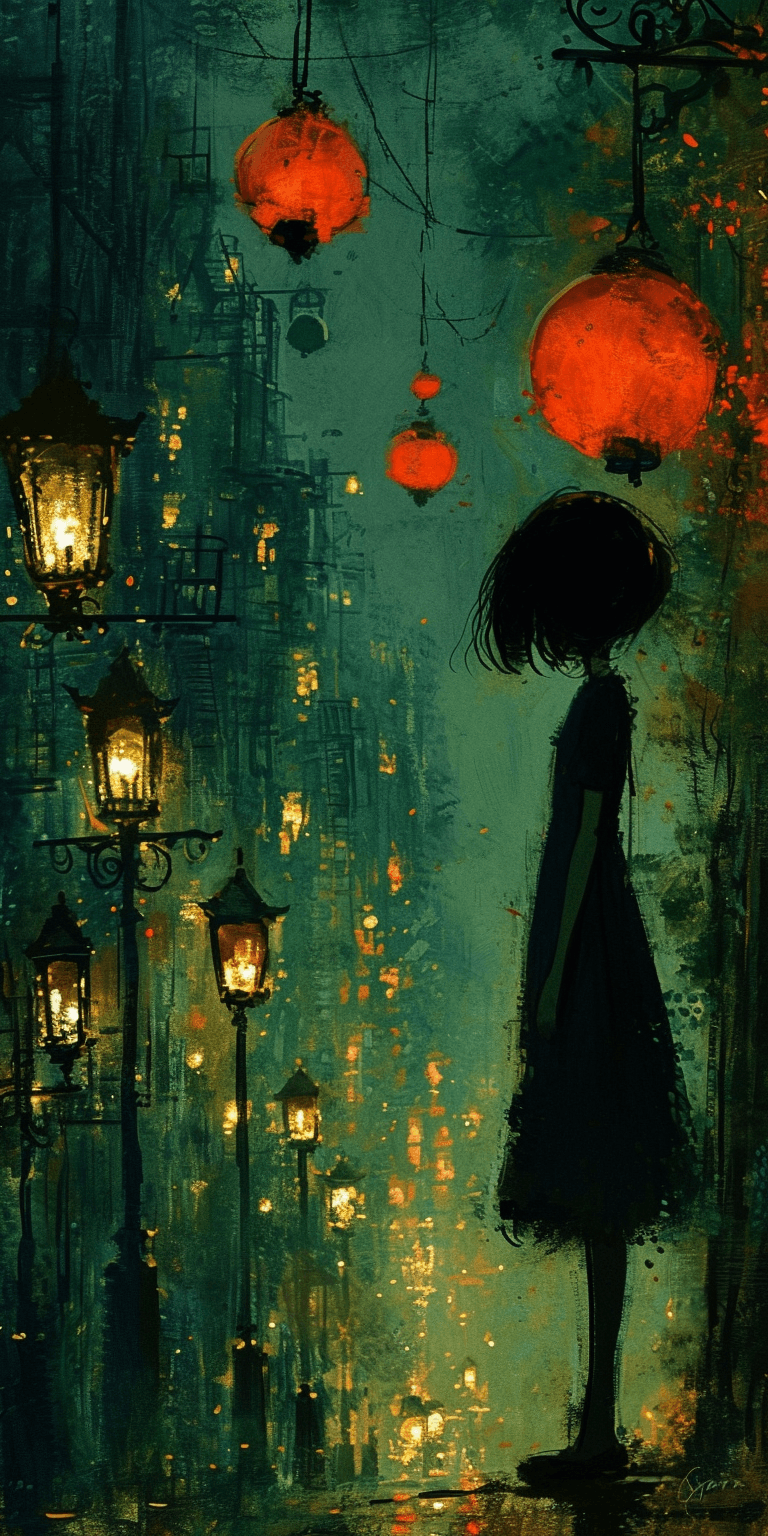 AI generated: girl in the middle of the street, standing by street lamps, in the style of cartoonish features, fre...