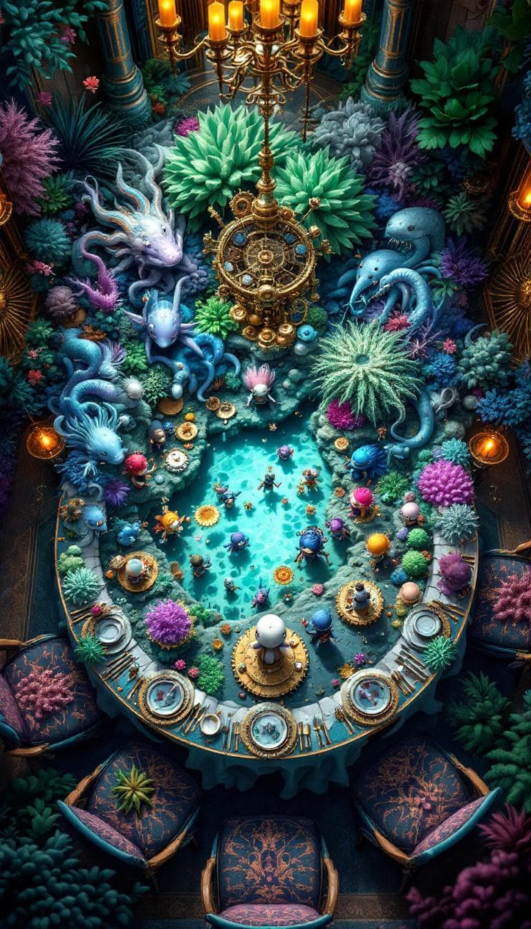 AI generated: **"The Steampunk Merfolk Masquerade"**  

A breathtaking aerial view of an ornate banquet table tr...