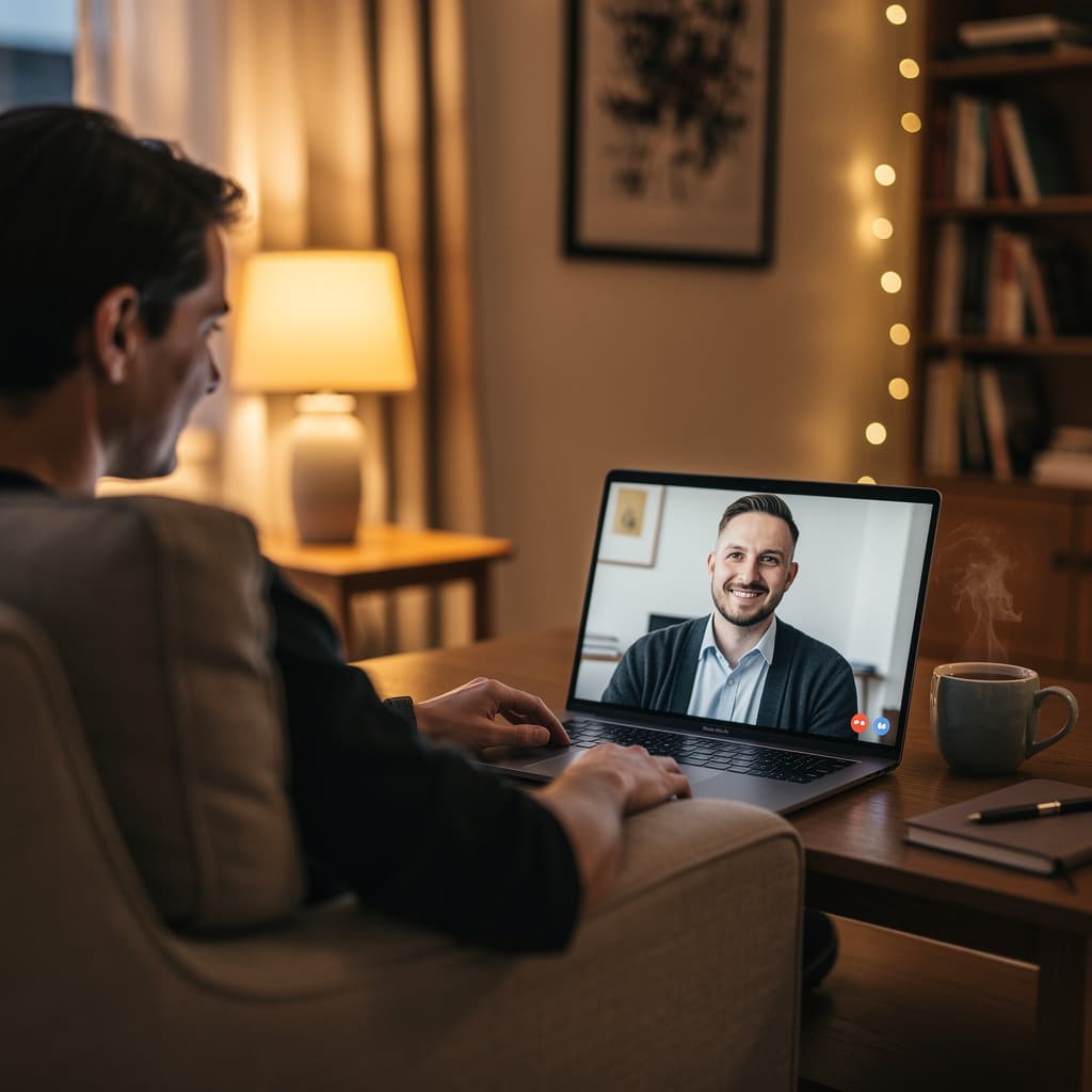AI generated: A candid, warm photograph of a person sitting comfortably on a sofa in a cozy living room during the...