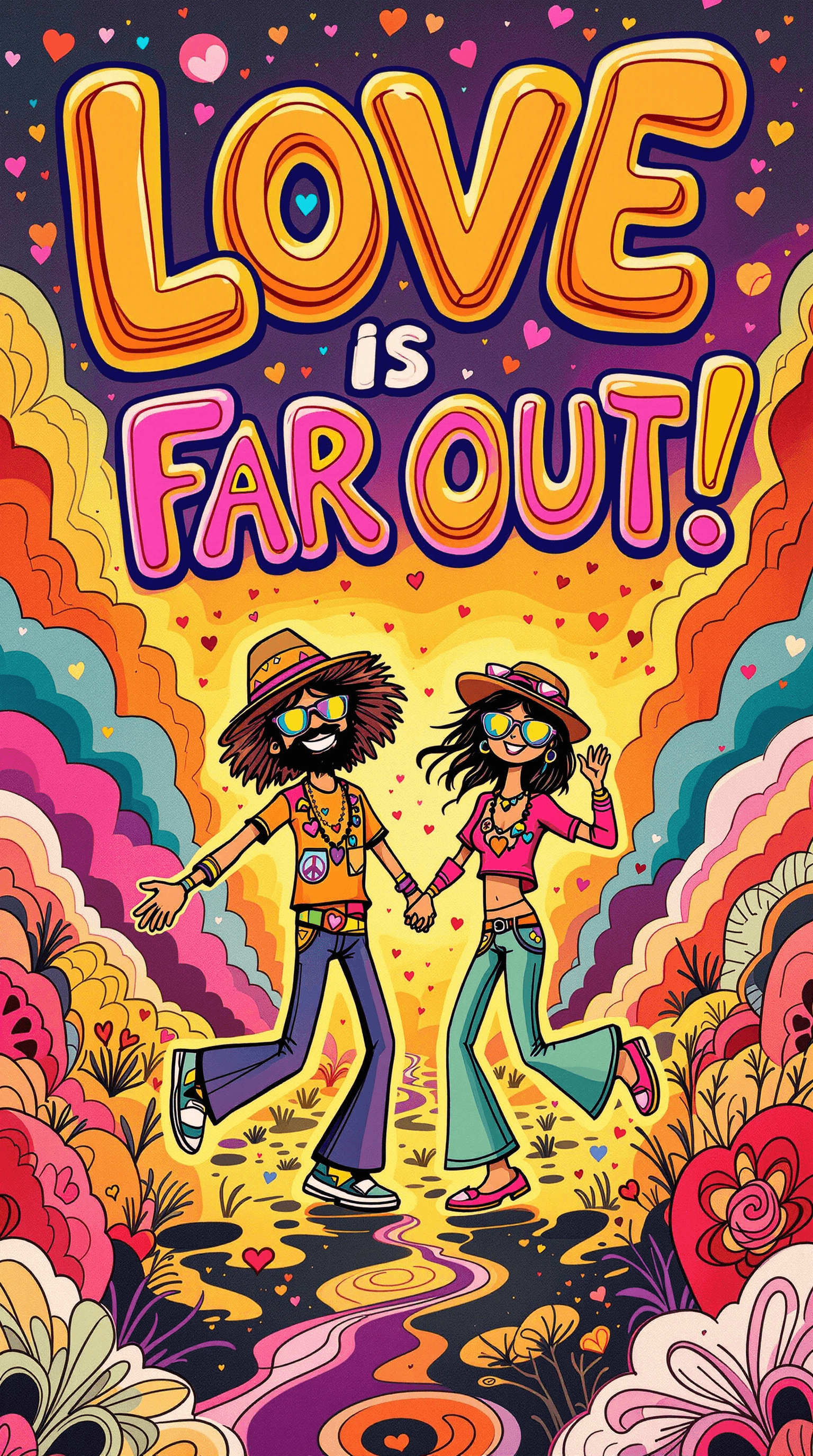 AI generated: A vibrant, psychedelic 1970s Valentine’s Day card bursting with groovy energy. The bold, bubble-styl...