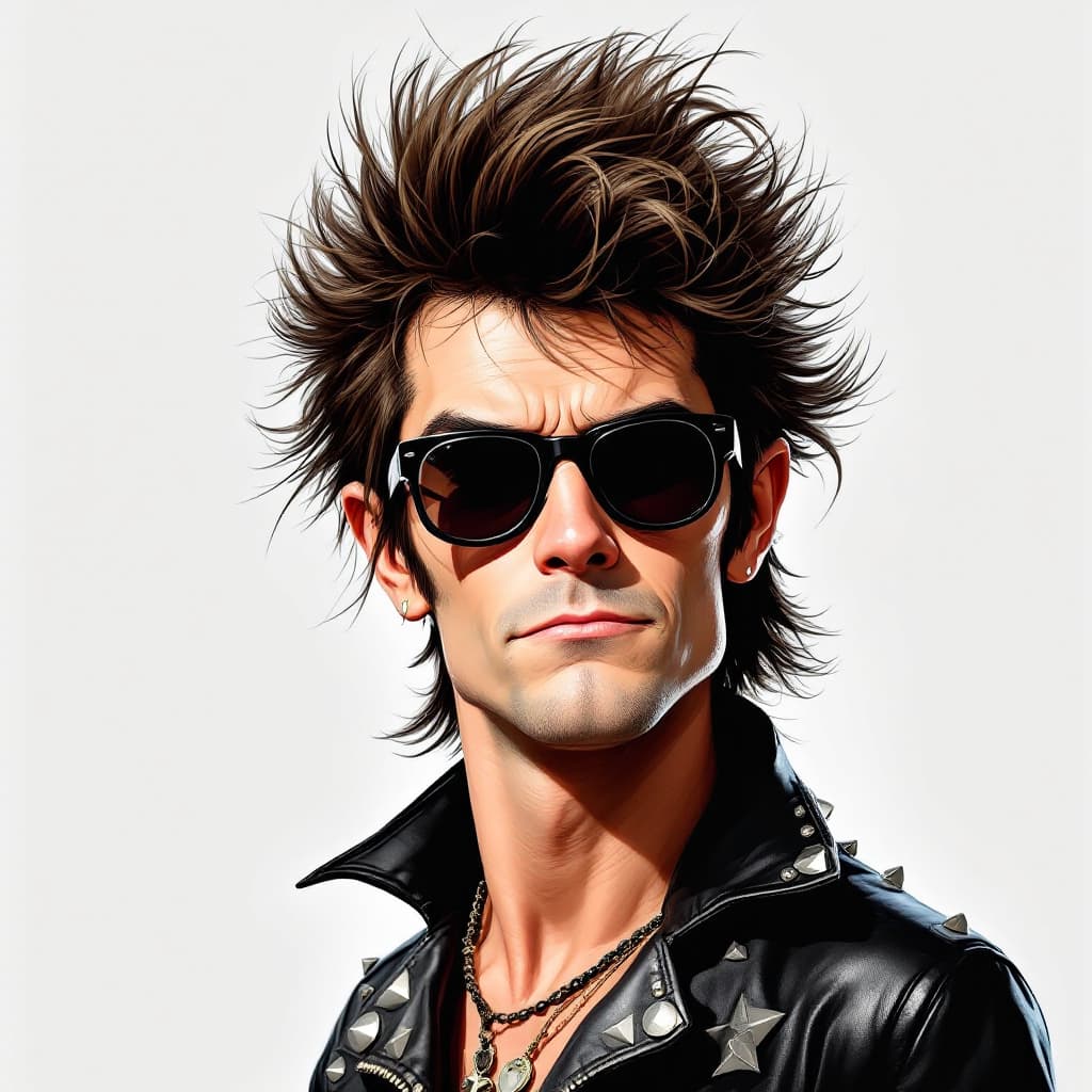 AI generated: A caricature of a 60s rocker with a rocker haircut, sunglasses and a smirk on his face. Dressed in a...