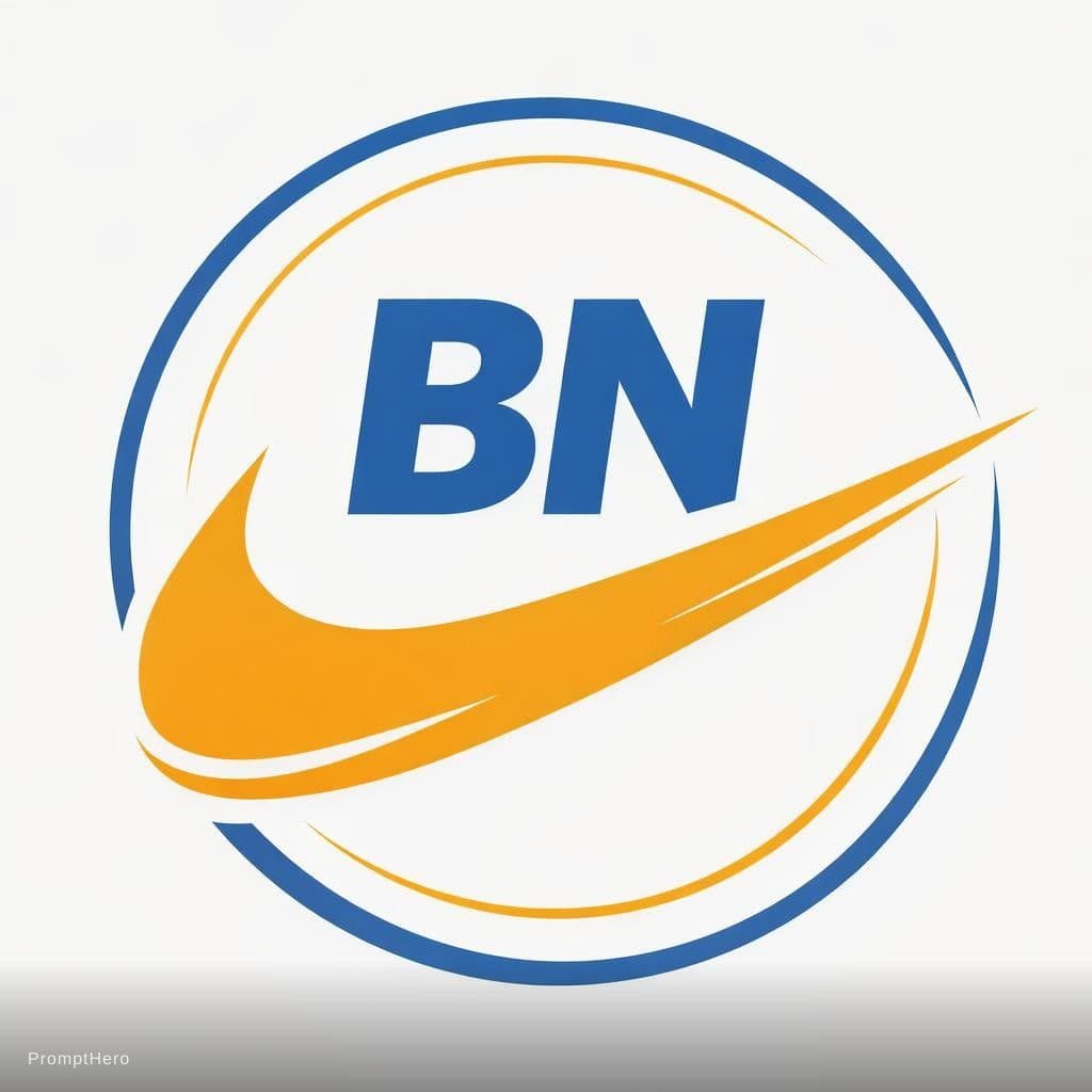 AI generated: Un logo d'entreprise avec design "BN" avec symbole de nike. Couleur bleu, jaune et blanc. Style dyna...
