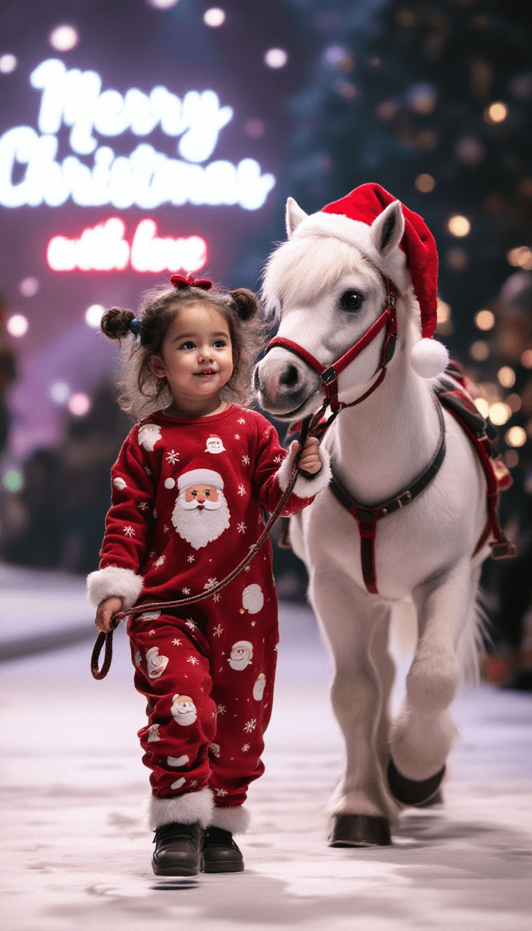 AI generated: A baby girl dressed in Santa Claus pajamas leads a animal white baby Horse on a leash while walking ...