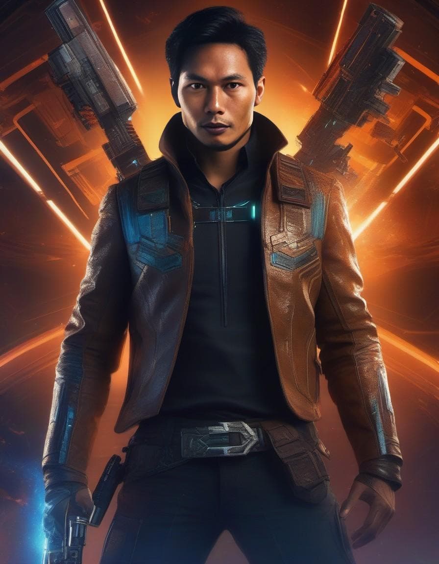 AI generated: space cowboy| futuristic western| detailed space bounty hunter attire| plasma revolver| cybernetic e...