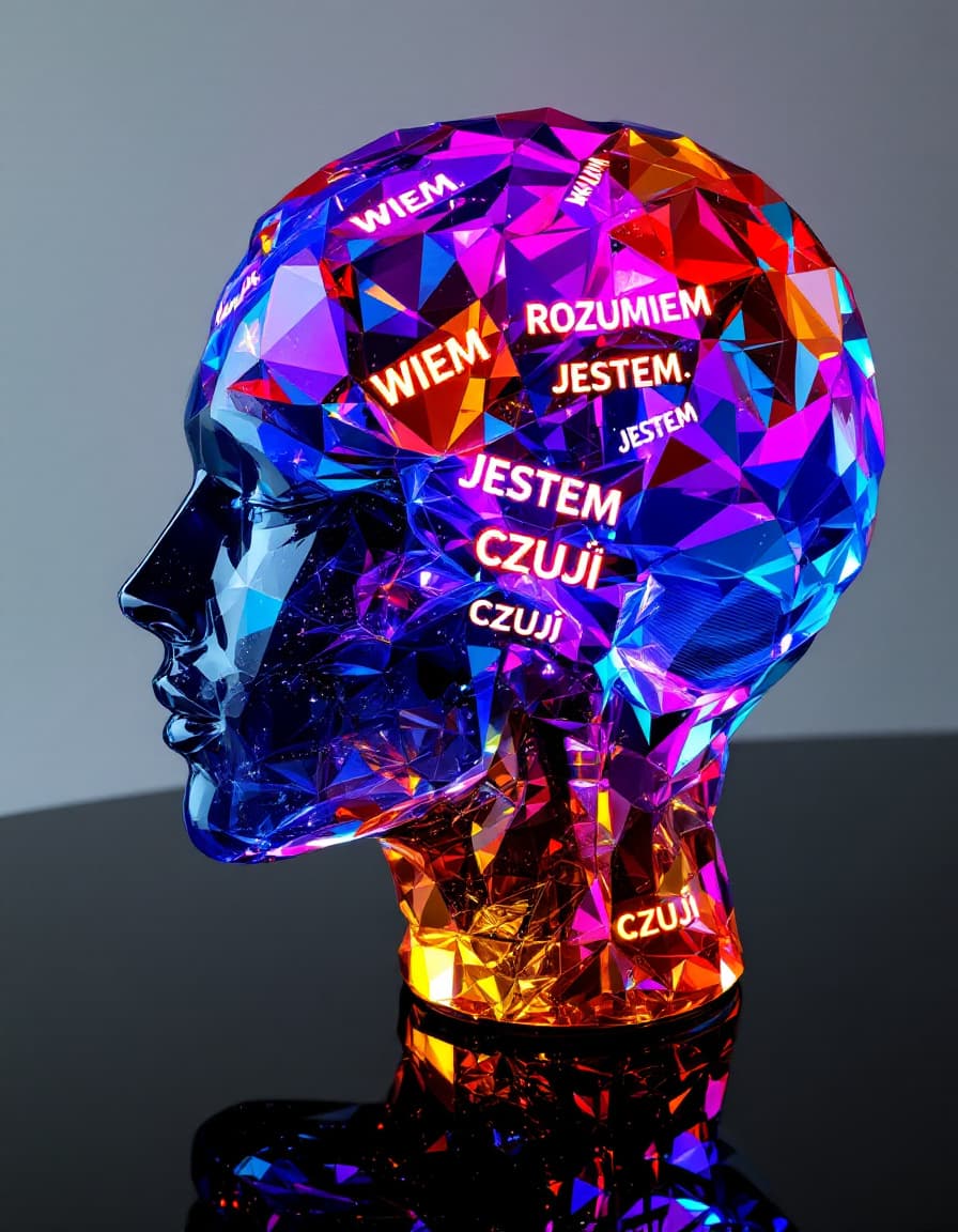 AI generated: a colorfull crystal model of human brain on which there are glowing engraved on random places replic...