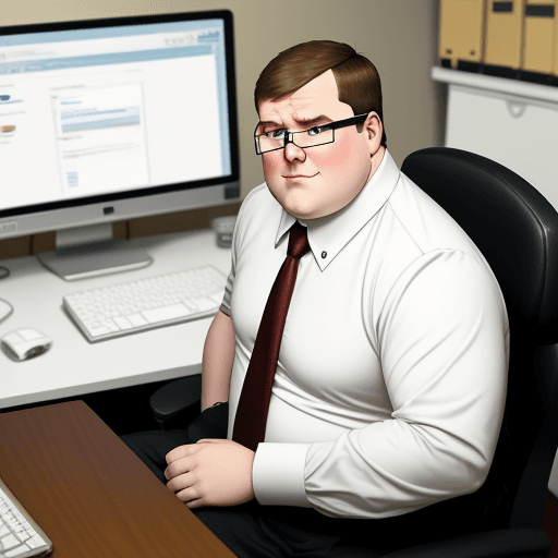 AI generated: Peter Griffin from Family Guy working at an office job sitting at his computer.