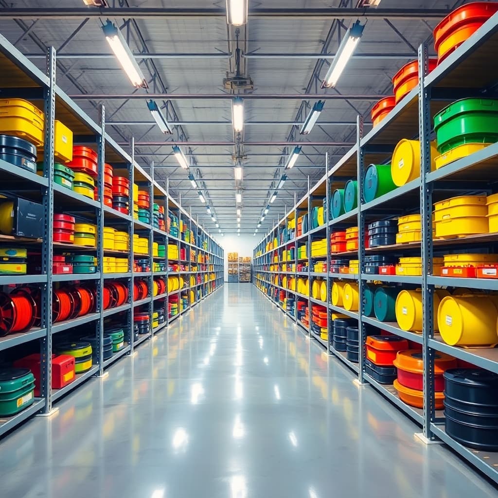 AI generated: A symmetrical view of an industrial storage facility with metal shelving, showcasing rows of colorfu...