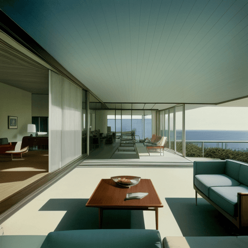 AI generated: Hyper realistic eye level exterior photo of a mid century modern style house overlooking the ocean, ...