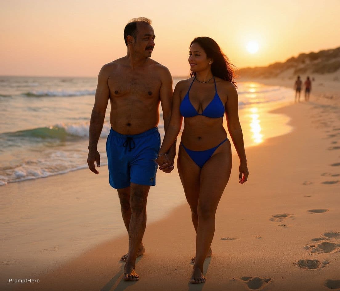 AI generated: A high-resolution, cinematic close shot of an Indian couple enjoying a sunset at a secluded clothing...