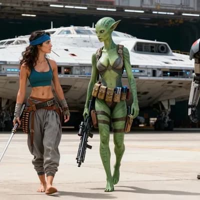 AI generated video: As the three walk, the woman and the alien princess argue.