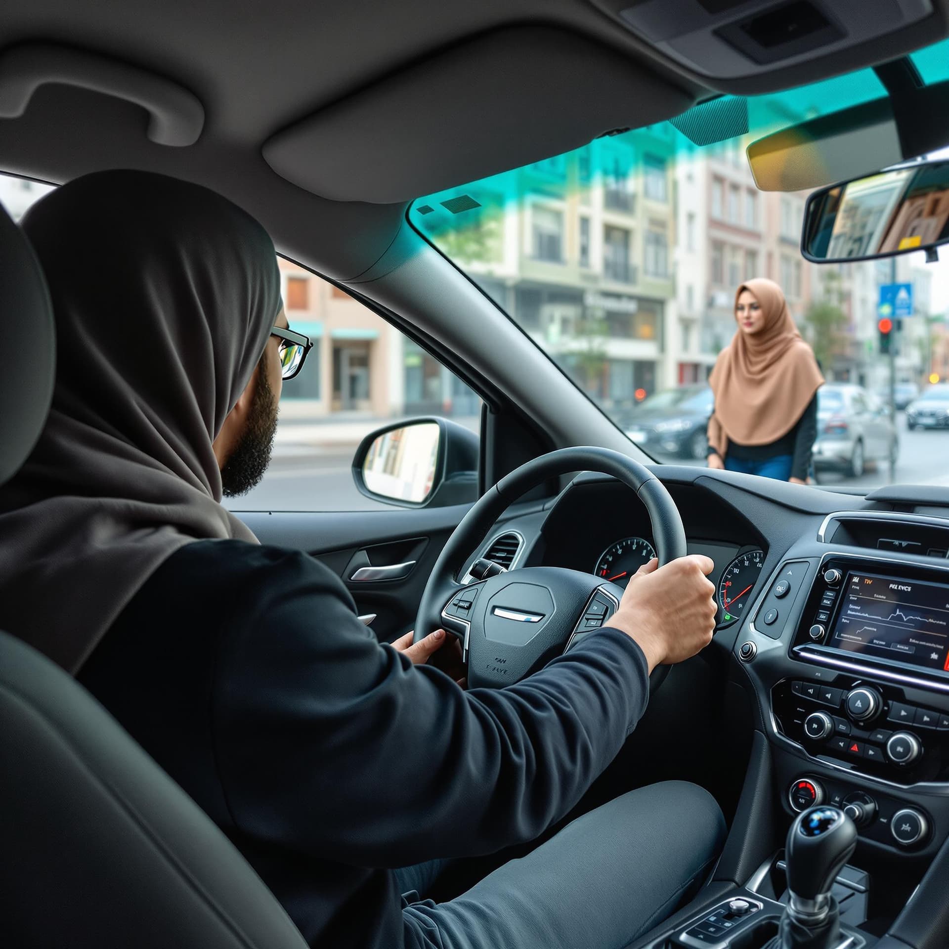 AI generated: man taking a driving test fpv from front seat behing the wheel looking out of the window on a city s...