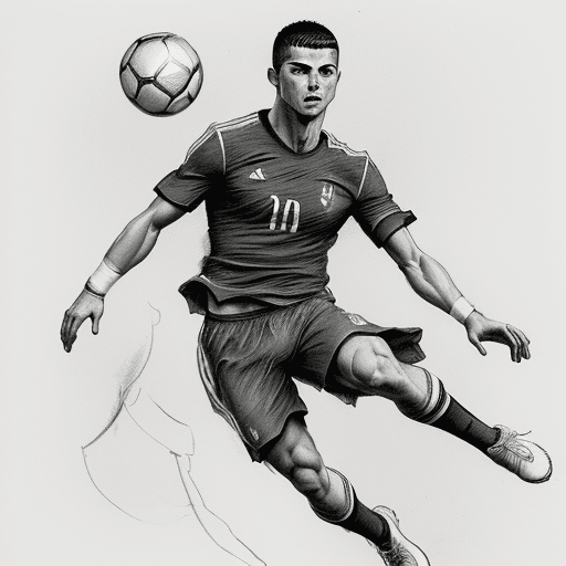 AI generated: Rough charcoal sketch on old paper, of football player ((Cristiano Ronaldo)) jumping a ball, clean l...