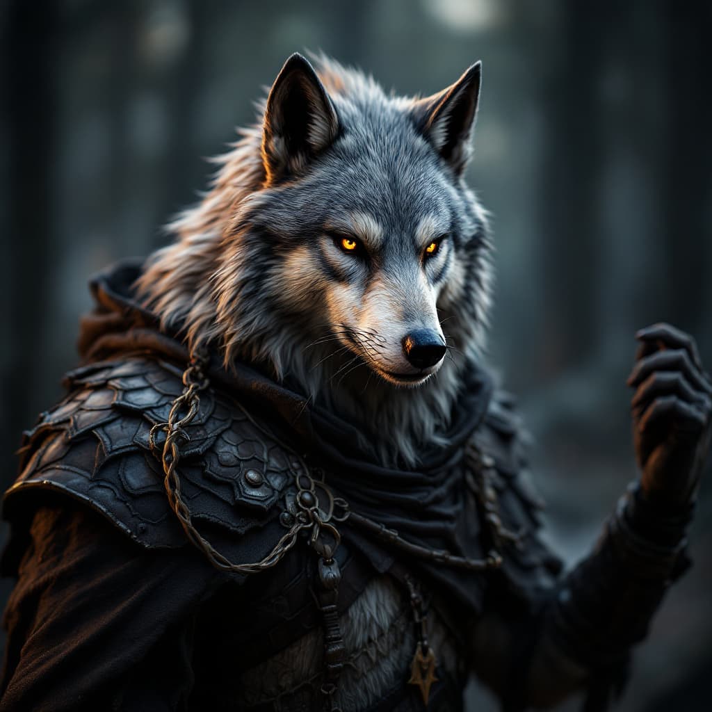 AI generated: Animal wolf warrior character, anthropomorphic figure, fantasy, d&d, masterwork, realistic figure, r...
