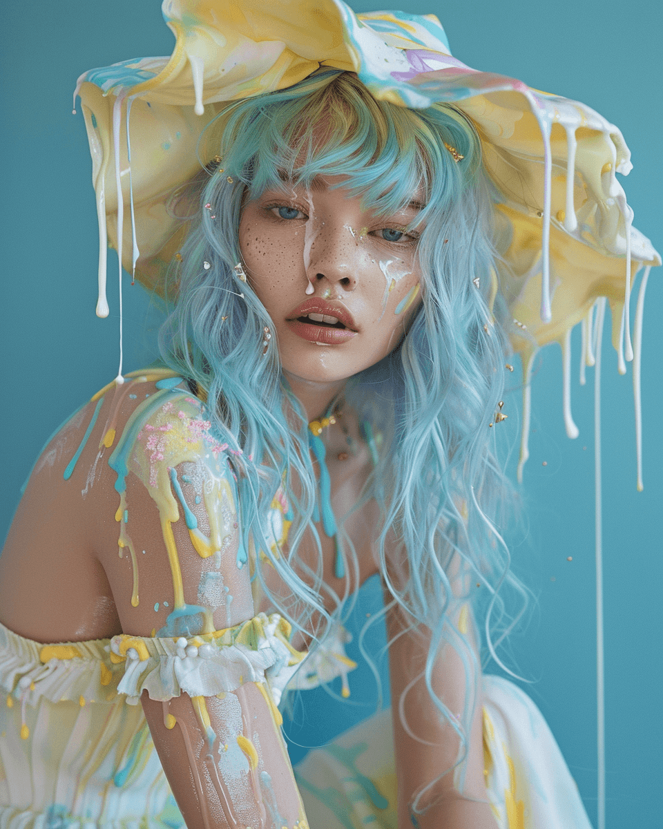 AI generated: creative photoshoot of supermodel with light blue hair in an oversized white dress, pastel yellow an...