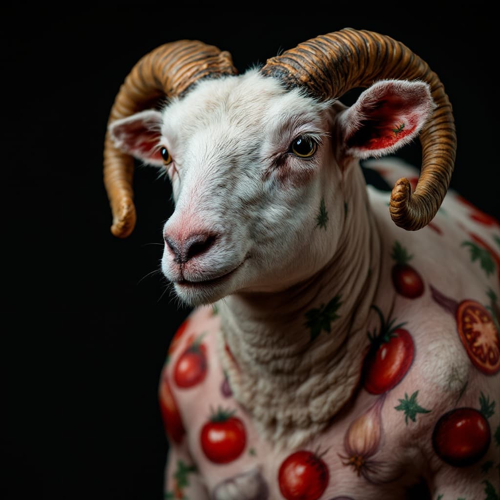 AI generated: photo close up,  studio portrait, hairless, shaved, no hair , bald shaved big fat lamb tattooed  wit...