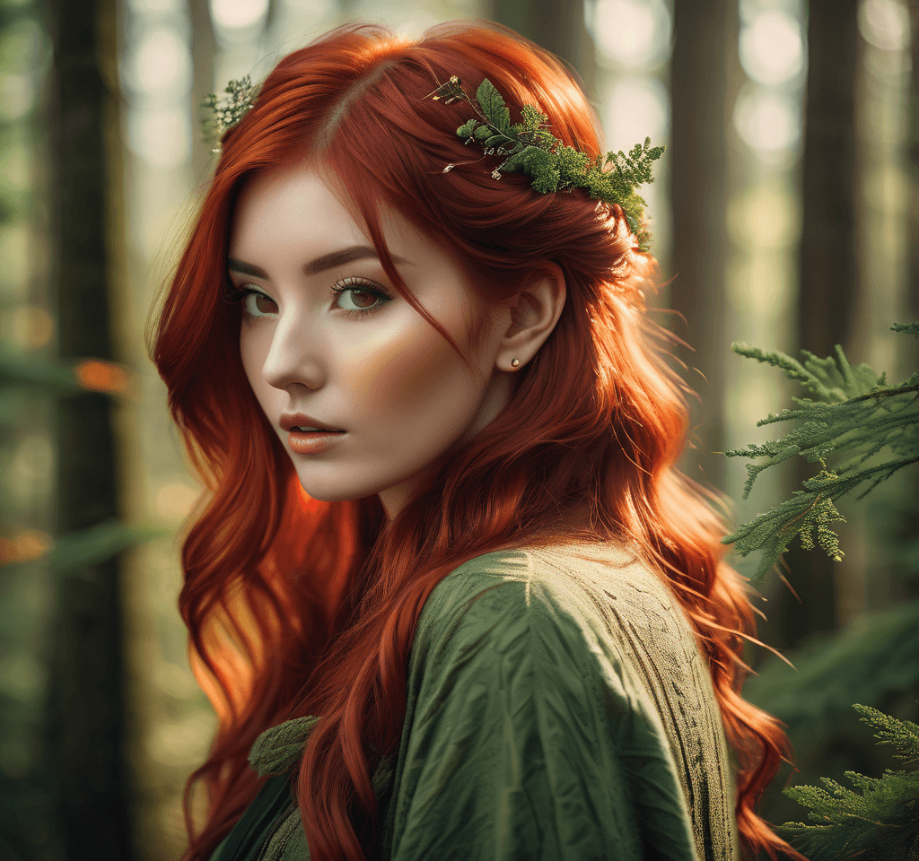 AI generated: Photo of a woman, fiery red hair, 280mm f/5. 5 lens, earthy green and brown optical, soft-focused re...