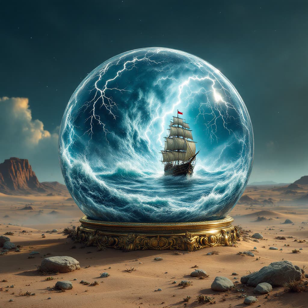 AI generated: snow globe shaped like a cube , on the desert floor, there is a monstrous storm inside with a galleo...