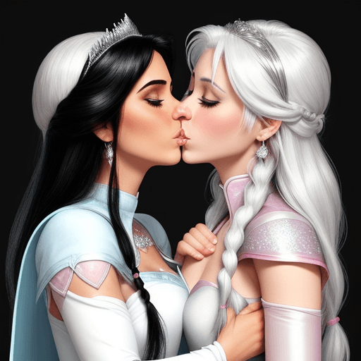 AI generated:  Elsa, white and pink and silver white hair , lesbian, kissing 
Holding each other Princess Jasmine ...