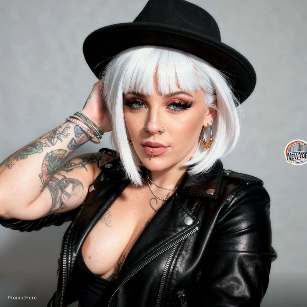AI generated: a woman with white hair wearing a tight black jacket and a hat, in the style of mashup of styles, li...