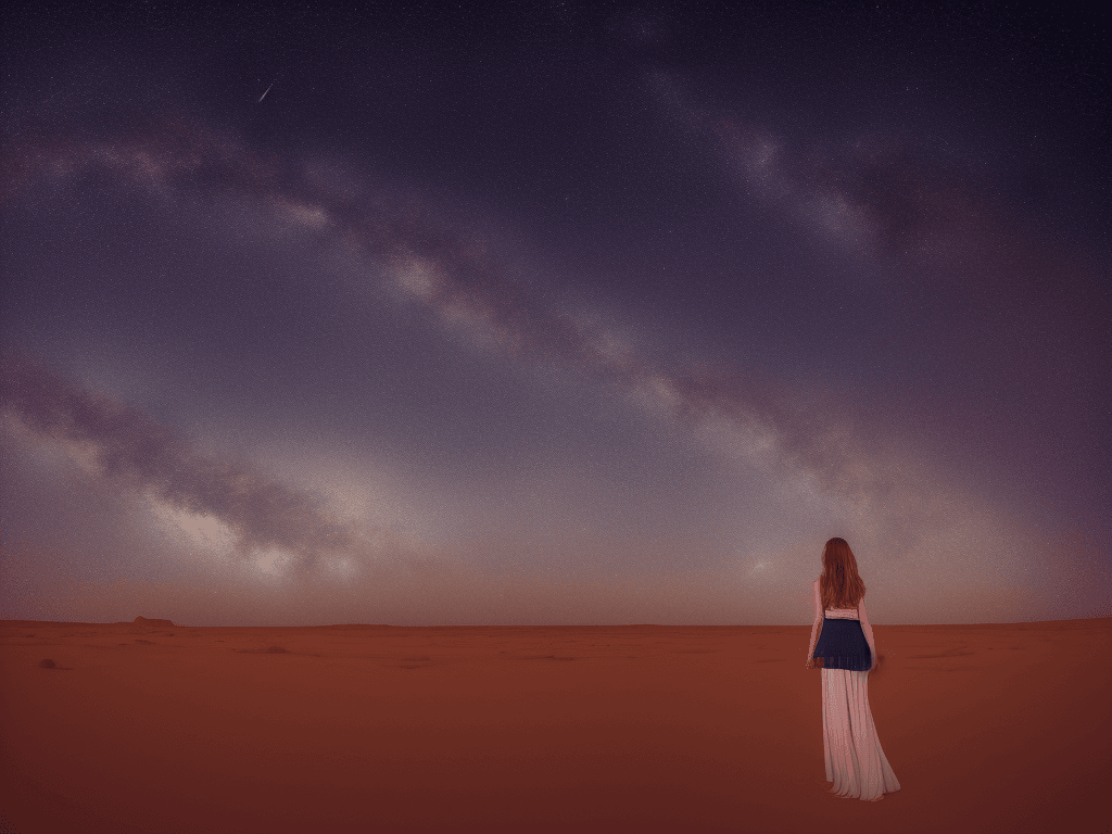 AI generated: Girl in a Desert, star night sky, High resolution photography photorealistic, realistic light, wide ...