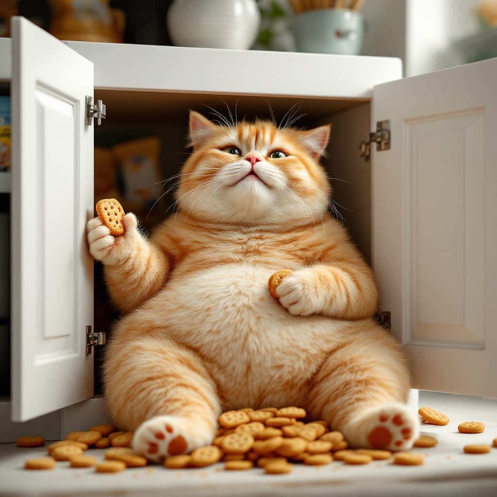 AI generated: An anthropomorphic fat short-haired orange cat sits in a white cabinet, leaning on a pile of open sn...