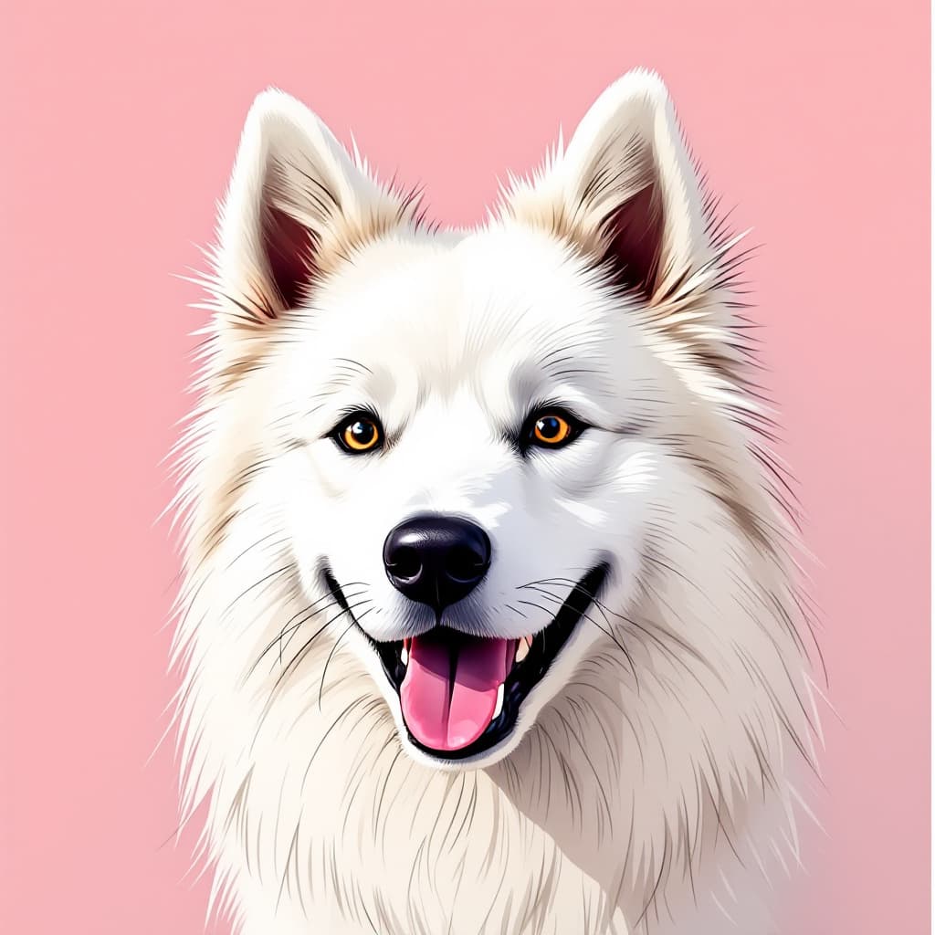 AI generated: a hand-drawn close-up of a happy Samoyed --ar 1:1 --sref 2252558232 --profile hs7w6tq --sv 4 --sw 90...