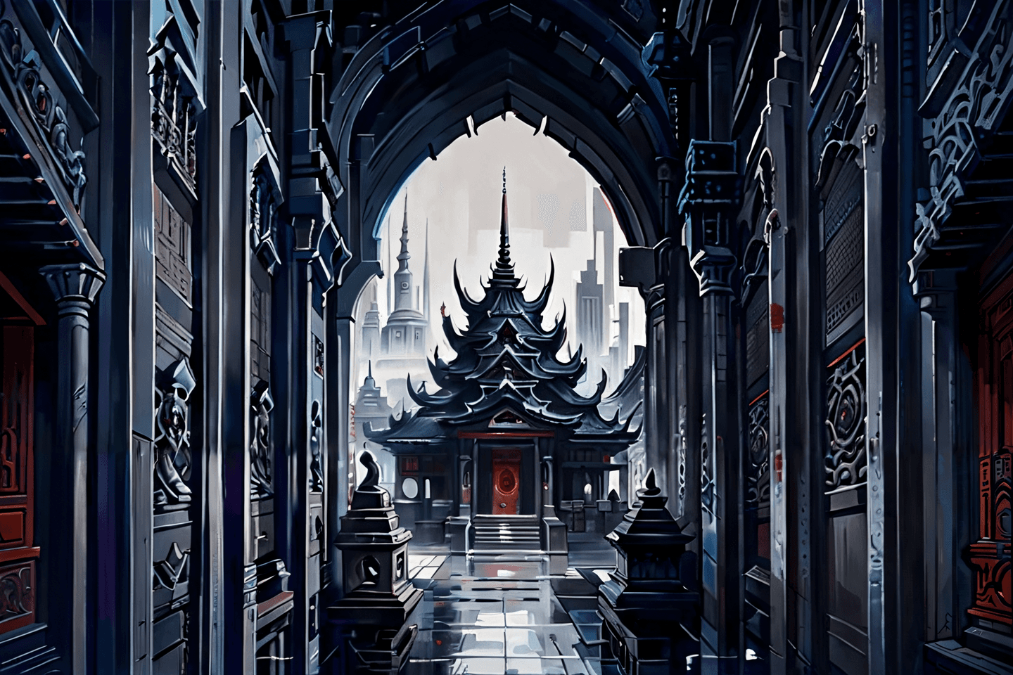 AI generated: Gothic architecture an oil painting of a Japanese temple in a landscape . Ornate arches, gargoyles, ...
