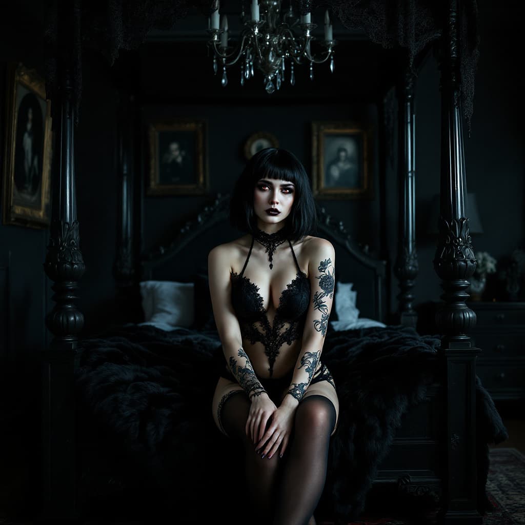 AI generated: A dark, moody portrait in a gothic Victorian style. A thicc young woman with shoulder-length black h...