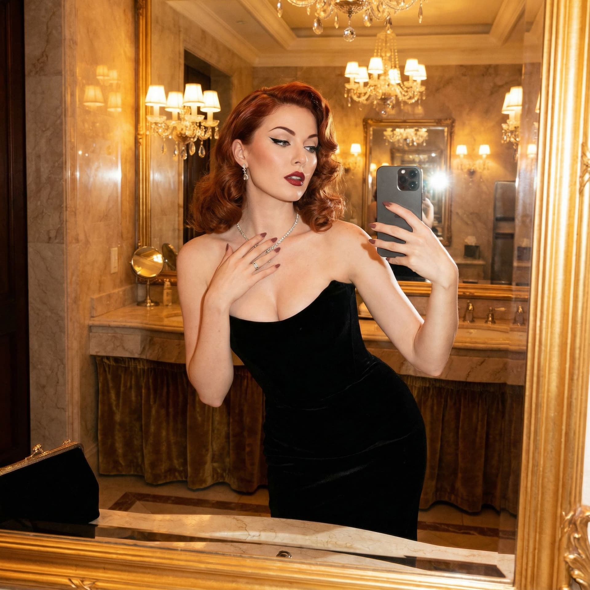 AI generated: Hyper-realistic 8K RAW fashion editorial shot of a wealthy 45-year-old cougar in a luxury ballroom p...