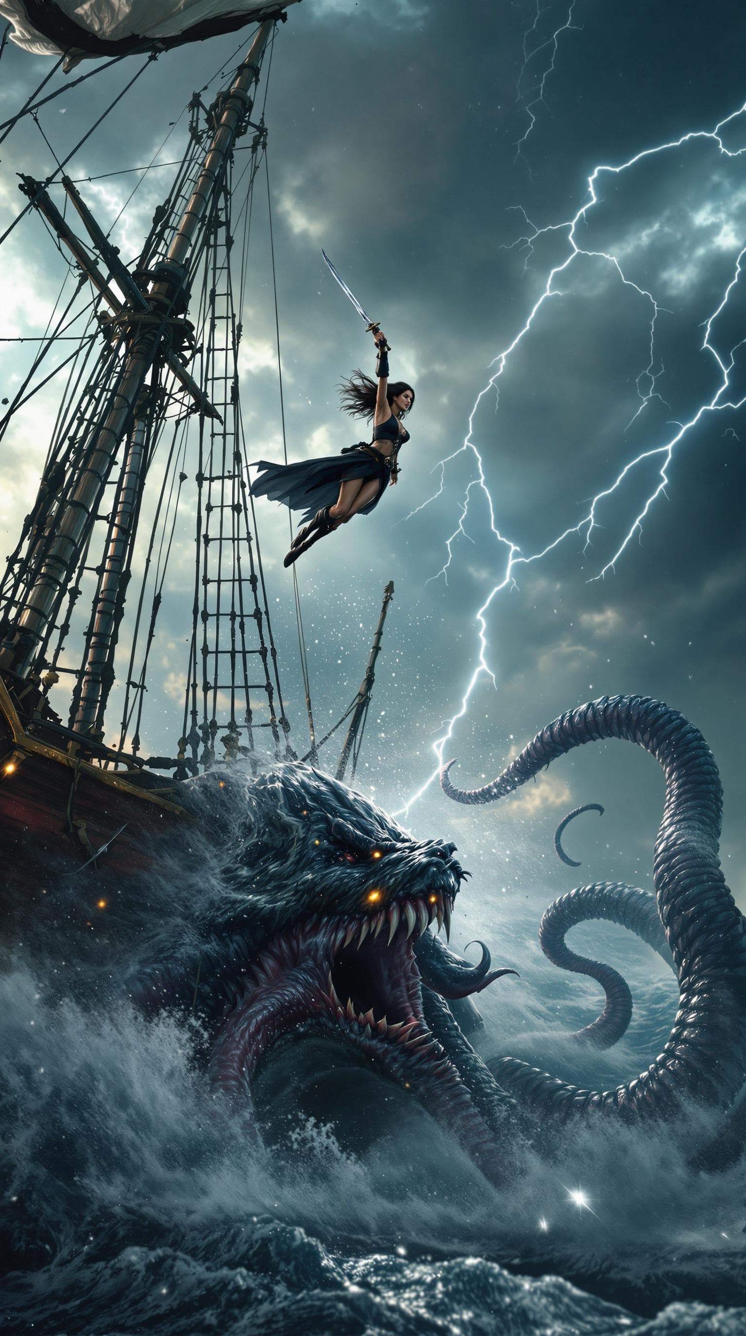 AI generated: Movie quality Side view Action scene: Amidst the tempestuous Caribbean sea, a beautiful but fierce a...