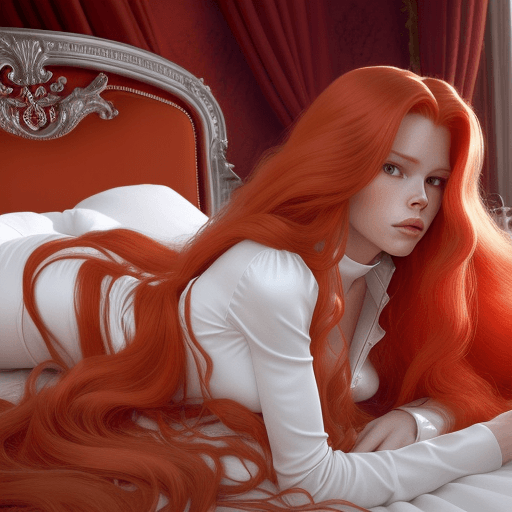 AI generated: red hair woman in a silver outfit laying on a bed, with very long red hair, extremely long thick red...