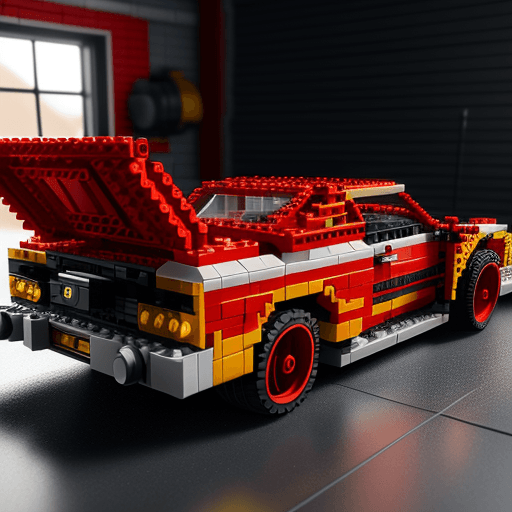 AI generated: A Lego red car in a garage scene, lego set, highly detailed, intricate, technical, unreal engine 5, ...