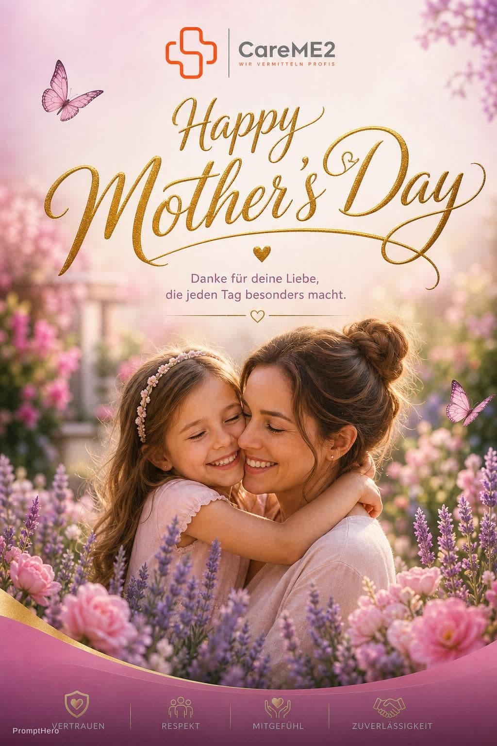 AI generated: [Mother's Day] wishes poster, featuring [a smiling mother and daughter in a blooming flower garden],...