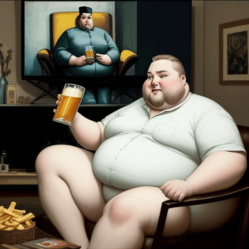 AI generated: Fat man, sitting in an armchair, eating chips, drinking beer, looking tv,Max Beckmann style, living ...