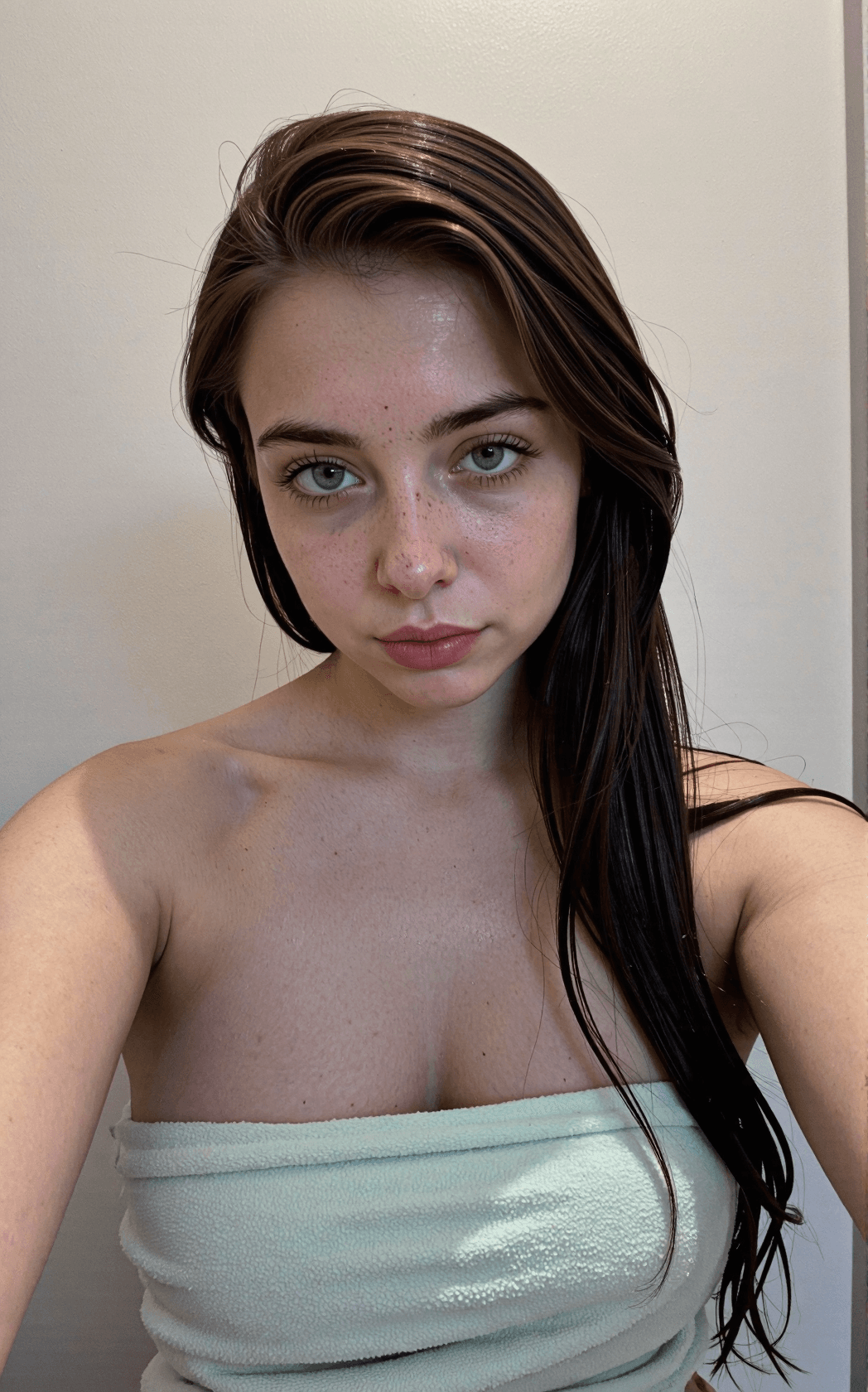 AI generated: low quality phone photo, snapchat, front shot, upper body, 28 year old girl, in the bathroom, just o...