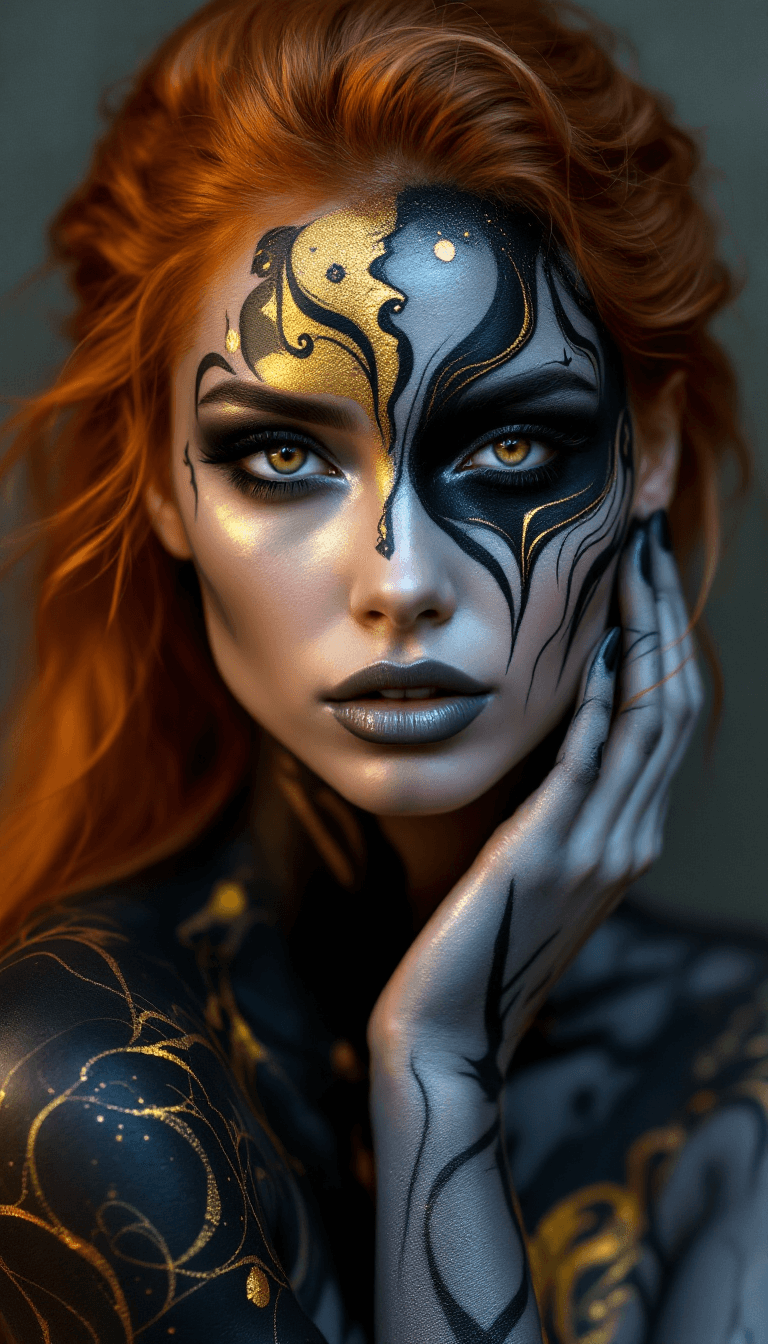 AI generated: A hyperrealistic image of a woman with an elaborate body paint design blending elements of darkness ...