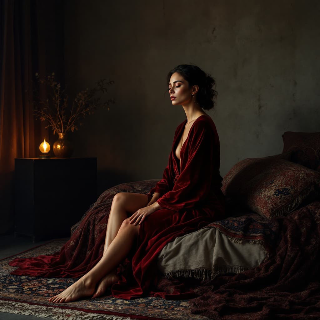 AI generated: “A woman dressed in a deep red velvet robe, sitting on the edge of a bed placed on layered Persian r...