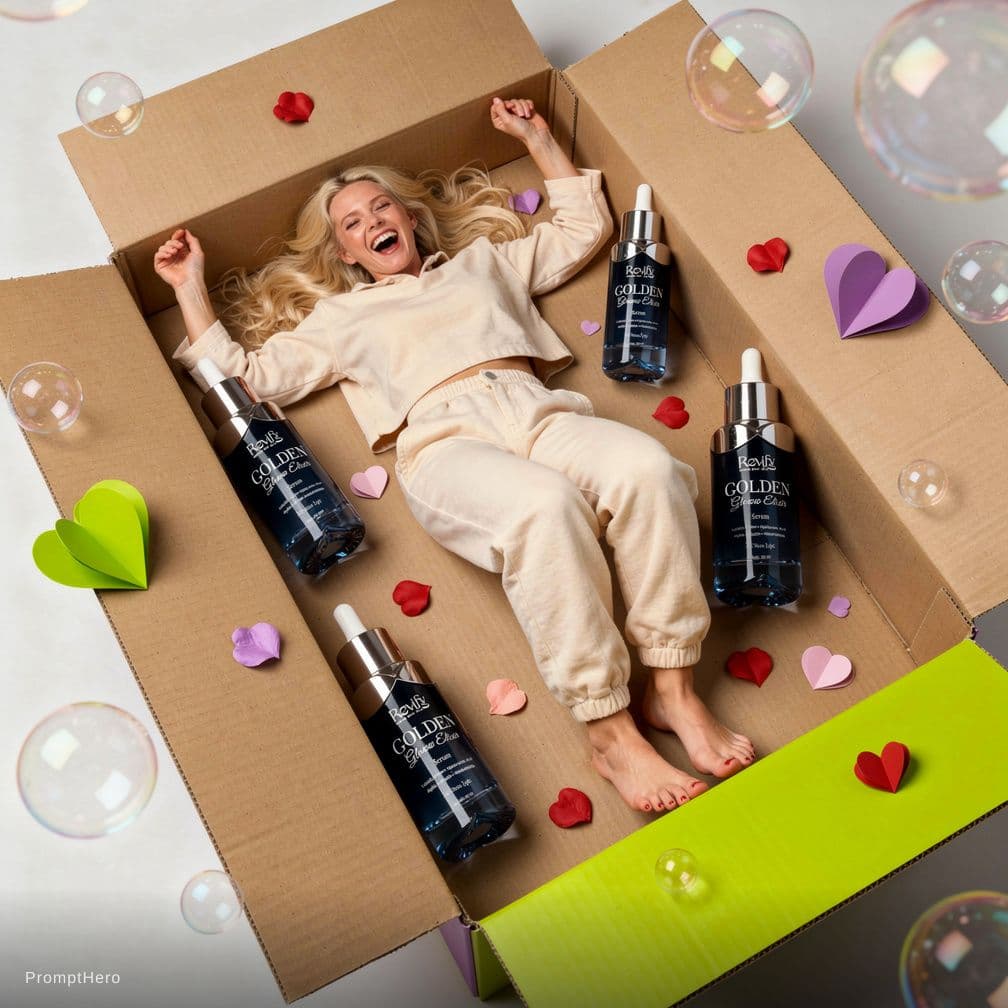 AI generated: A joyful blonde woman lying inside a cardboard gift box with an open flipped lid. Camera angle from ...