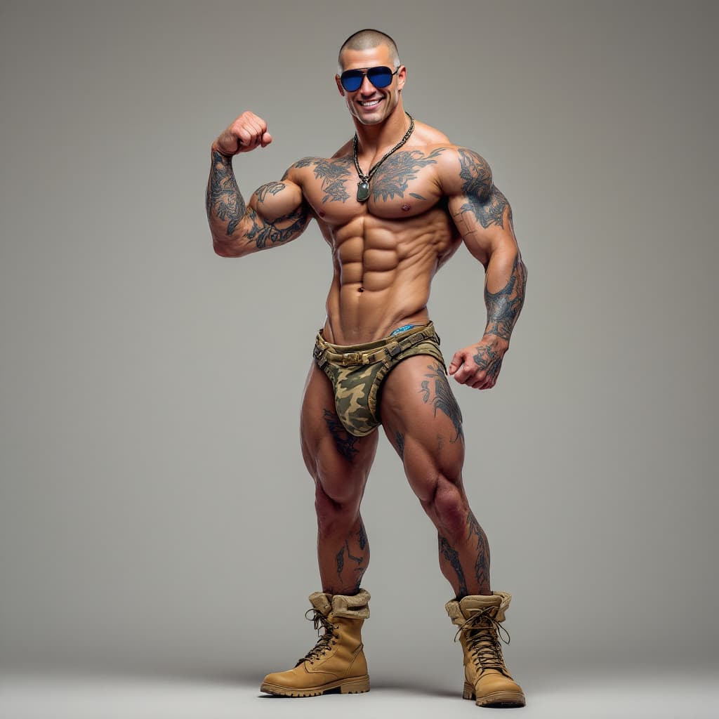 AI generated: Full body image, muscular legs, tan combat boots, lean muscle, thin chiseled face, smiling, flexing ...