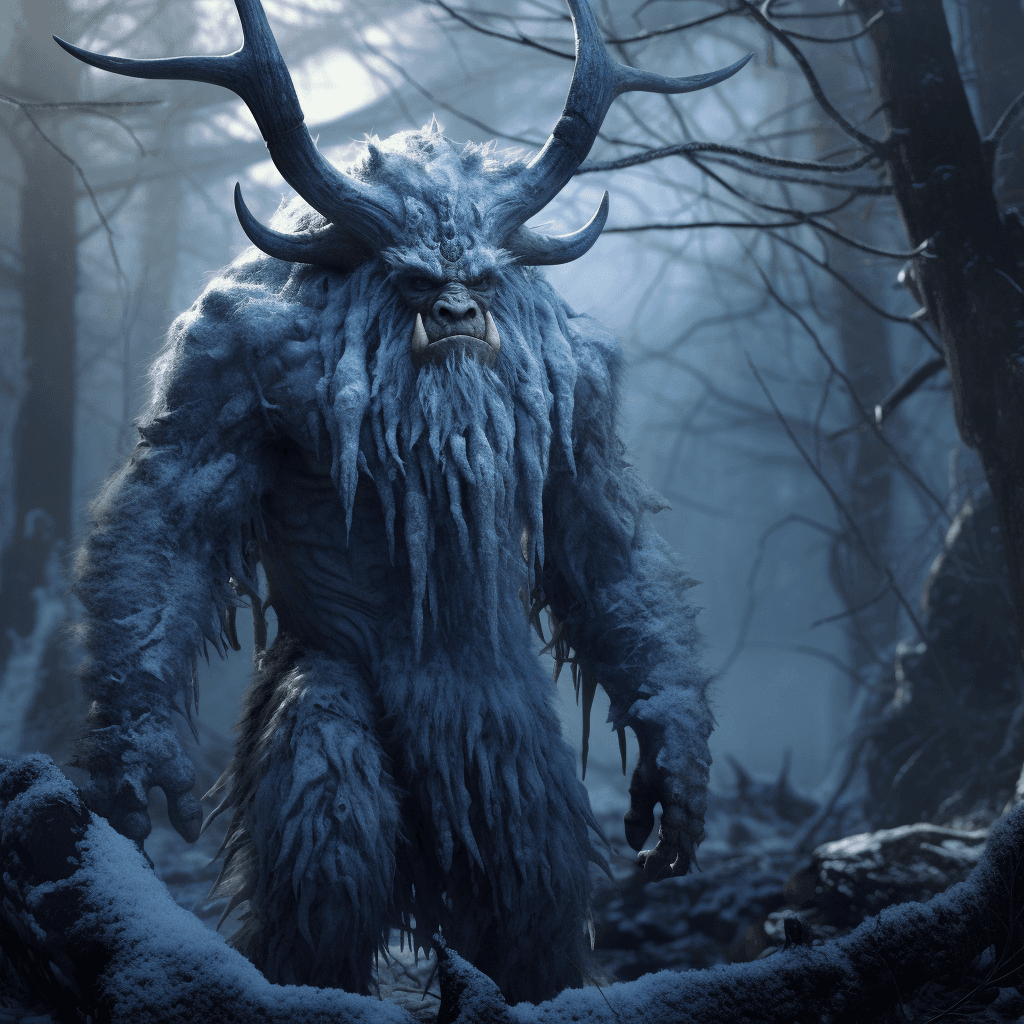 AI generated: scary horned ogre, 20 meter tall, full body, blue eyes, frozen taiga forest with blue mushrooms on t...