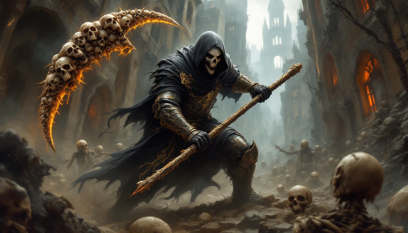 AI generated: painting in the style of a dark fantasy artist of the grim reaper fighting in full plate armor, swin...
