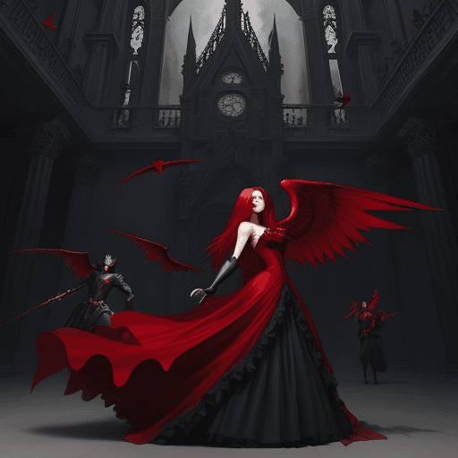 AI generated: a red male character wearing a red dress in front of black birds, in the style of gothic realism, an...
