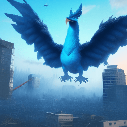 AI generated: the Twitter logo as a giant huge blue monster bird destroying a city, 4k, realistic, cinematic light...