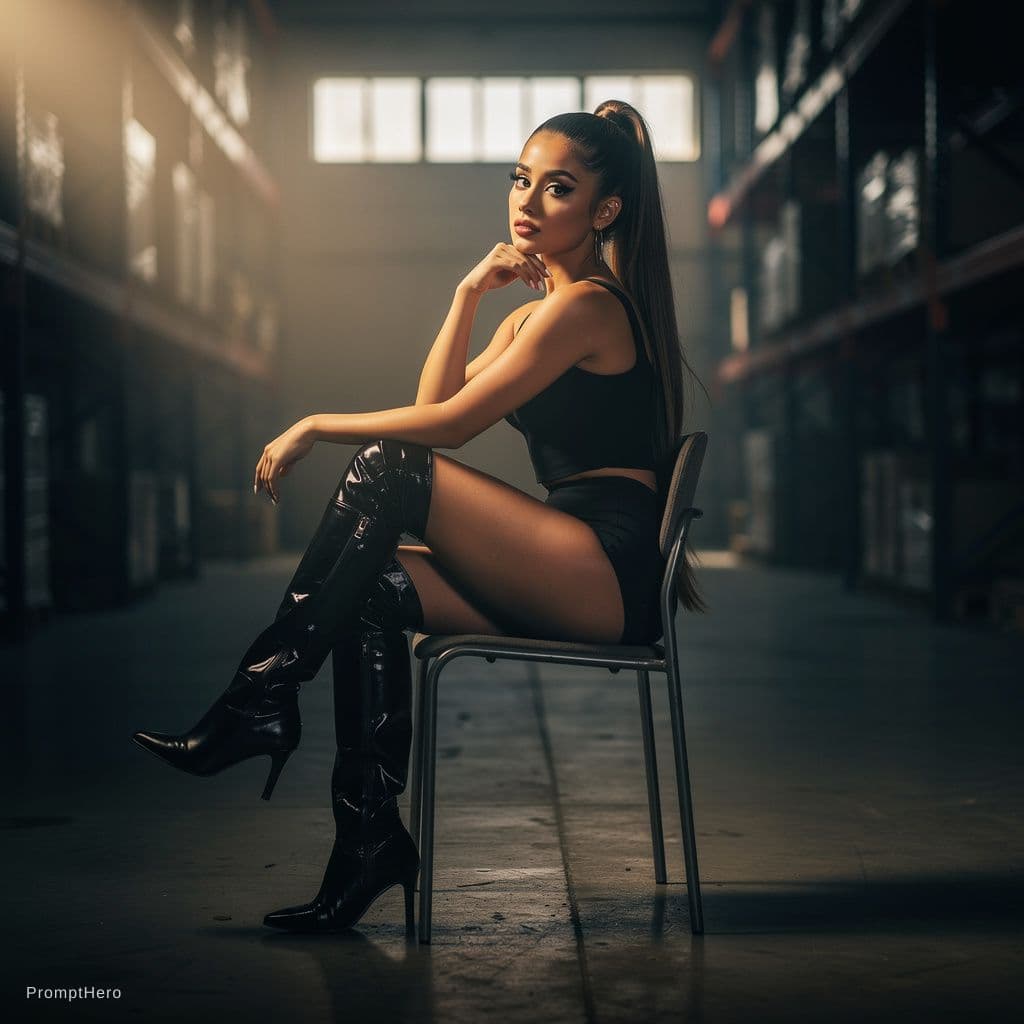 AI generated: Ariana Grande sitting in a chair with low cut top on and fabric thigh high boots in a warehouse tied...