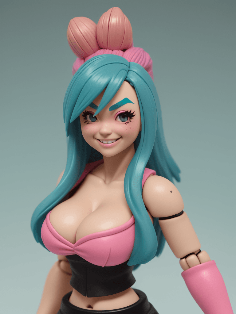 AI generated: (action figure) of a quirky girl with teal hair and pink highlights, (("Michelle Phan")), thick eyeb...