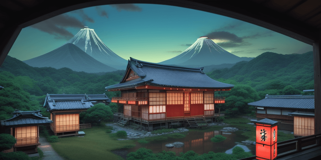 AI generated: anime cartoon style painting of an idyllic japanese house with neon signs in the country side with l...
